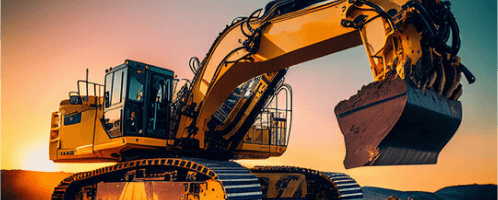 Hydraulic excavator lifting soil with visible cylinders and components
