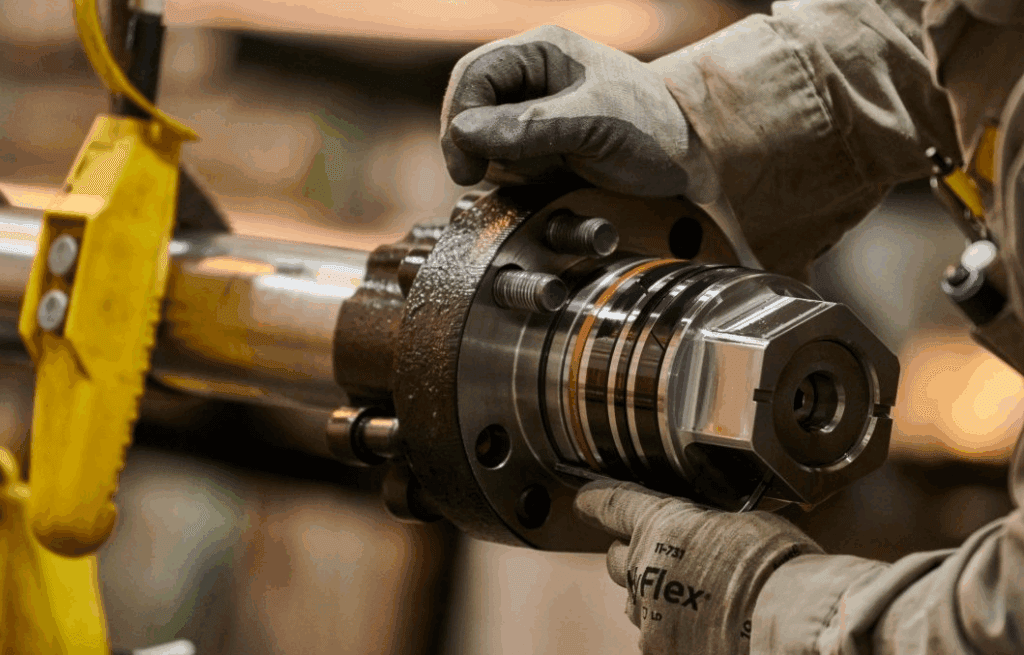 Technician assembling hydraulic cylinder shaft and sealing system